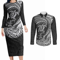 Hawaiian Turtle and Shark Couples Matching Long Sleeve Bodycon Dress and Long Sleeve Button Shirt Kakau Tribal with Polynesian Pattern Black Color