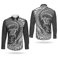 Hawaiian Turtle and Shark Couples Matching Long Sleeve Bodycon Dress and Long Sleeve Button Shirt Kakau Tribal with Polynesian Pattern Black Color