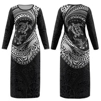 Hawaiian Turtle and Shark Couples Matching Long Sleeve Bodycon Dress and Long Sleeve Button Shirt Kakau Tribal with Polynesian Pattern Black Color