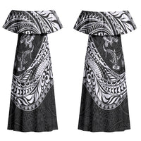 Hawaiian Turtle and Shark Couples Matching Off Shoulder Maxi Dress and Hawaiian Shirt Kakau Tribal with Polynesian Pattern Black Color