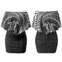 Hawaiian Turtle and Shark Couples Matching Off Shoulder Short Dress and Hawaiian Shirt Kakau Tribal with Polynesian Pattern Black Color