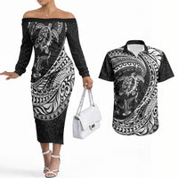 Hawaiian Turtle and Shark Couples Matching Off The Shoulder Long Sleeve Dress and Hawaiian Shirt Kakau Tribal with Polynesian Pattern Black Color