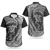 Hawaiian Turtle and Shark Couples Matching Off The Shoulder Long Sleeve Dress and Hawaiian Shirt Kakau Tribal with Polynesian Pattern Black Color