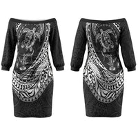 Hawaiian Turtle and Shark Couples Matching Off The Shoulder Long Sleeve Dress and Hawaiian Shirt Kakau Tribal with Polynesian Pattern Black Color