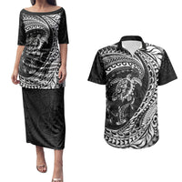Hawaiian Turtle and Shark Couples Matching Puletasi and Hawaiian Shirt Kakau Tribal with Polynesian Pattern Black Color