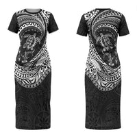 Hawaiian Turtle and Shark Couples Matching Short Sleeve Bodycon Dress and Hawaiian Shirt Kakau Tribal with Polynesian Pattern Black Color