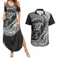 Hawaiian Turtle and Shark Couples Matching Summer Maxi Dress and Hawaiian Shirt Kakau Tribal with Polynesian Pattern Black Color