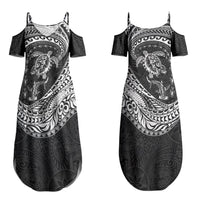 Hawaiian Turtle and Shark Couples Matching Summer Maxi Dress and Hawaiian Shirt Kakau Tribal with Polynesian Pattern Black Color
