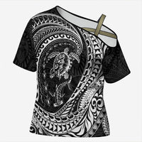 Hawaiian Turtle and Shark Cross Shoulder Shirt Kakau Tribal with Polynesian Pattern Black Color