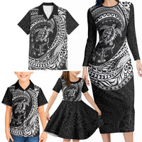 Hawaiian Turtle and Shark Family Matching Long Sleeve Bodycon Dress and Hawaiian Shirt Kakau Tribal with Polynesian Pattern Black Color