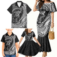 Hawaiian Turtle and Shark Family Matching Mermaid Dress and Hawaiian Shirt Kakau Tribal with Polynesian Pattern Black Color