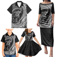 Hawaiian Turtle and Shark Family Matching Puletasi and Hawaiian Shirt Kakau Tribal with Polynesian Pattern Black Color