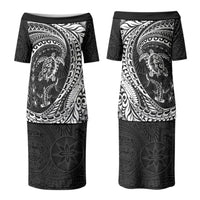 Hawaiian Turtle and Shark Family Matching Puletasi and Hawaiian Shirt Kakau Tribal with Polynesian Pattern Black Color