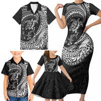 Hawaiian Turtle and Shark Family Matching Short Sleeve Bodycon Dress and Hawaiian Shirt Kakau Tribal with Polynesian Pattern Black Color