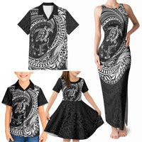Hawaiian Turtle and Shark Family Matching Tank Maxi Dress and Hawaiian Shirt Kakau Tribal with Polynesian Pattern Black Color