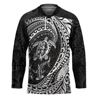 Hawaiian Turtle and Shark Hockey Jersey Kakau Tribal with Polynesian Pattern Black Color