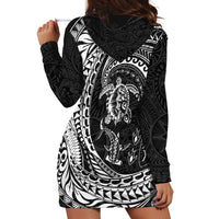 Hawaiian Turtle and Shark Hoodie Dress Kakau Tribal with Polynesian Pattern Black Color