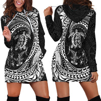 Hawaiian Turtle and Shark Hoodie Dress Kakau Tribal with Polynesian Pattern Black Color
