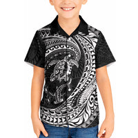 Hawaiian Turtle and Shark Kid Hawaiian Shirt Kakau Tribal with Polynesian Pattern Black Color