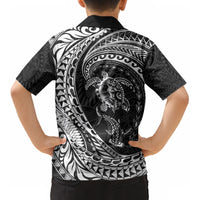 Hawaiian Turtle and Shark Kid Hawaiian Shirt Kakau Tribal with Polynesian Pattern Black Color