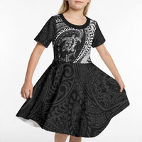 Hawaiian Turtle and Shark Kid Short Sleeve Dress Kakau Tribal with Polynesian Pattern Black Color