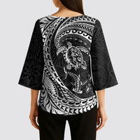 Hawaiian Turtle and Shark Kimono Sleeve Blouse Kakau Tribal with Polynesian Pattern Black Color