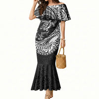 Hawaiian Turtle and Shark Mermaid Dress Kakau Tribal with Polynesian Pattern Black Color