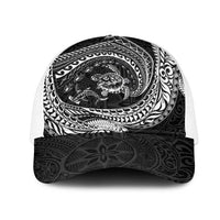 Hawaiian Turtle and Shark Mesh Trucker Cap Kakau Tribal with Polynesian Pattern Black Color