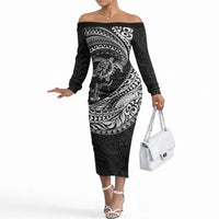 Hawaiian Turtle and Shark Off The Shoulder Long Sleeve Dress Kakau Tribal with Polynesian Pattern Black Color