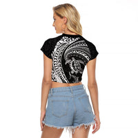 Hawaiian Turtle and Shark Raglan Cropped T Shirt Kakau Tribal with Polynesian Pattern Black Color