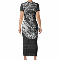 Hawaiian Turtle and Shark Short Sleeve Bodycon Dress Kakau Tribal with Polynesian Pattern Black Color