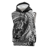Hawaiian Turtle and Shark Sleeveless Hoodie Kakau Tribal with Polynesian Pattern Black Color