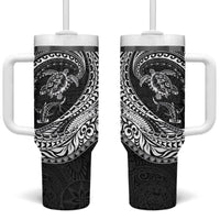 Hawaiian Turtle and Shark Tumbler With Handle Kakau Tribal with Polynesian Pattern Black Color