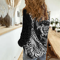 Hawaiian Turtle and Shark Women Casual Shirt Kakau Tribal with Polynesian Pattern Black Color
