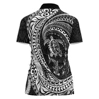 Hawaiian Turtle and Shark Women Polo Shirt Kakau Tribal with Polynesian Pattern Black Color