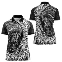 Hawaiian Turtle and Shark Women Polo Shirt Kakau Tribal with Polynesian Pattern Black Color