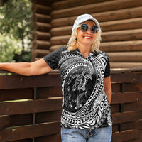 Hawaiian Turtle and Shark Women Polo Shirt Kakau Tribal with Polynesian Pattern Black Color