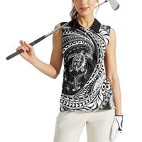 Hawaiian Turtle and Shark Women Sleeveless Polo Shirt Kakau Tribal with Polynesian Pattern Black Color