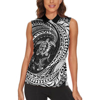 Hawaiian Turtle and Shark Women Sleeveless Polo Shirt Kakau Tribal with Polynesian Pattern Black Color