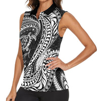 Hawaiian Turtle and Shark Women Sleeveless Polo Shirt Kakau Tribal with Polynesian Pattern Black Color