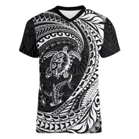 Hawaiian Turtle and Shark Women V-Neck T-Shirt Kakau Tribal with Polynesian Pattern Black Color