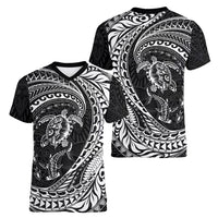 Hawaiian Turtle and Shark Women V-Neck T-Shirt Kakau Tribal with Polynesian Pattern Black Color