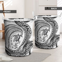 Hawaiian Turtle and Shark Laundry Basket Kakau Tribal with Polynesian Pattern White Color