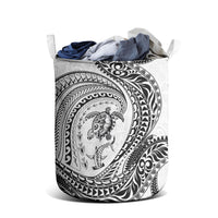 Hawaiian Turtle and Shark Laundry Basket Kakau Tribal with Polynesian Pattern White Color
