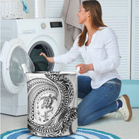 Hawaiian Turtle and Shark Laundry Basket Kakau Tribal with Polynesian Pattern White Color