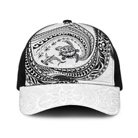 Hawaiian Turtle and Shark Baseball Net Cap Kakau Tribal with Polynesian Pattern White Color