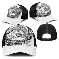 Hawaiian Turtle and Shark Baseball Net Cap Kakau Tribal with Polynesian Pattern White Color