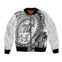Hawaiian Turtle and Shark Bomber Jacket Kakau Tribal with Polynesian Pattern White Color