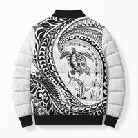 Hawaiian Turtle and Shark Bomber Puffer Jacket Kakau Tribal with Polynesian Pattern White Color