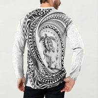 Hawaiian Turtle and Shark Button Sweatshirt Kakau Tribal with Polynesian Pattern White Color